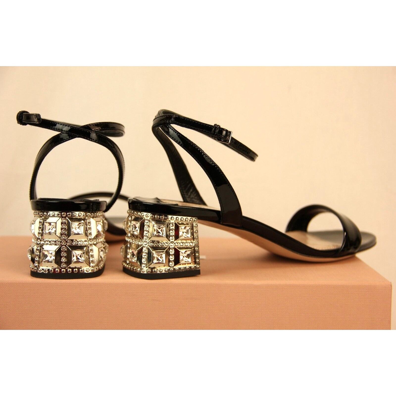 Miu Miu BLACK PATENT LEATHER CRYSTALS JEWELED HEEL SANDALS 39.5 Size US 9.5 / IT 39.5 - 2 Thumbnail