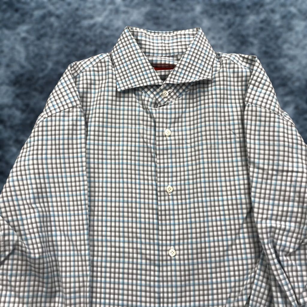Isaia Isaia Napoli Shirt Mens 16 41 White Blue Check Italy Dress Designer Barrel N/A Size 42R - 1 Thumbnail