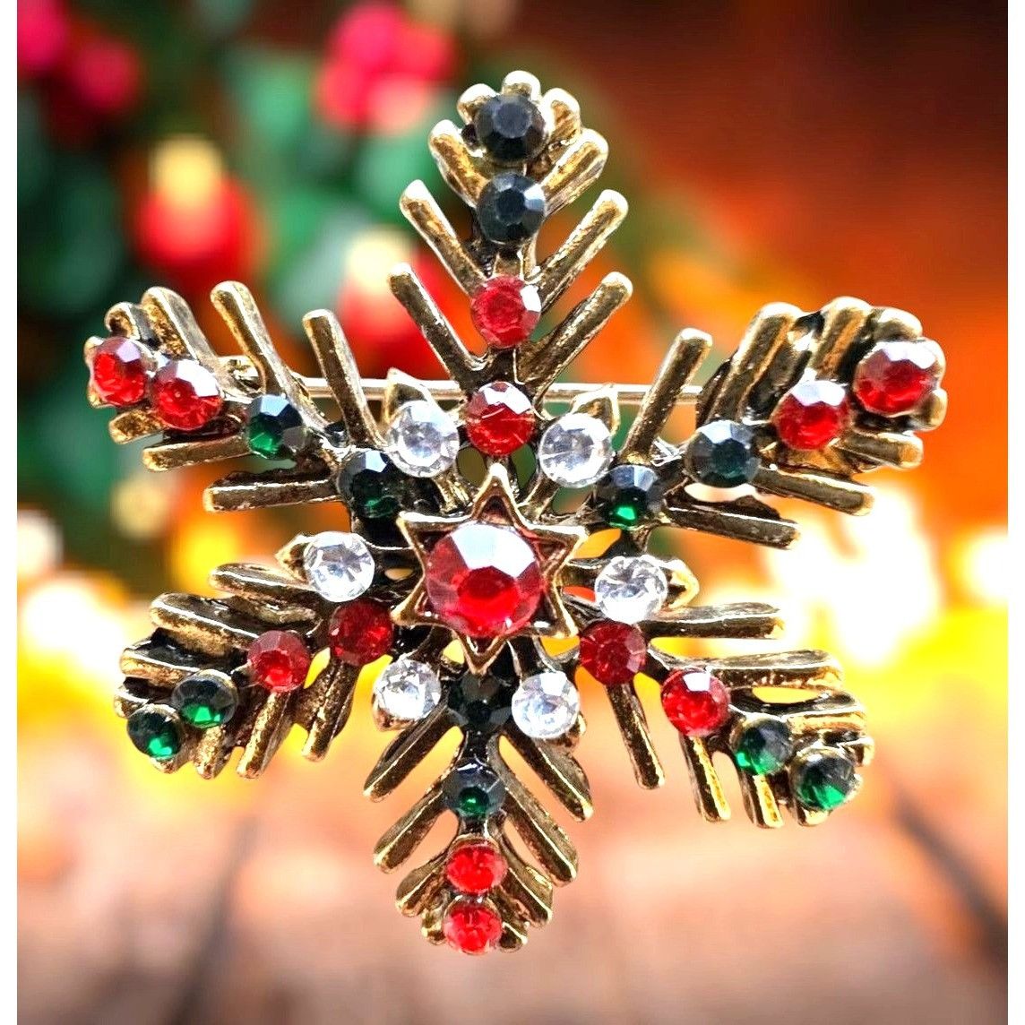 Handmade Christmas Snowflake Brooch Pin Star Red Green Crystal Accent Size ONE SIZE - 1 Thumbnail