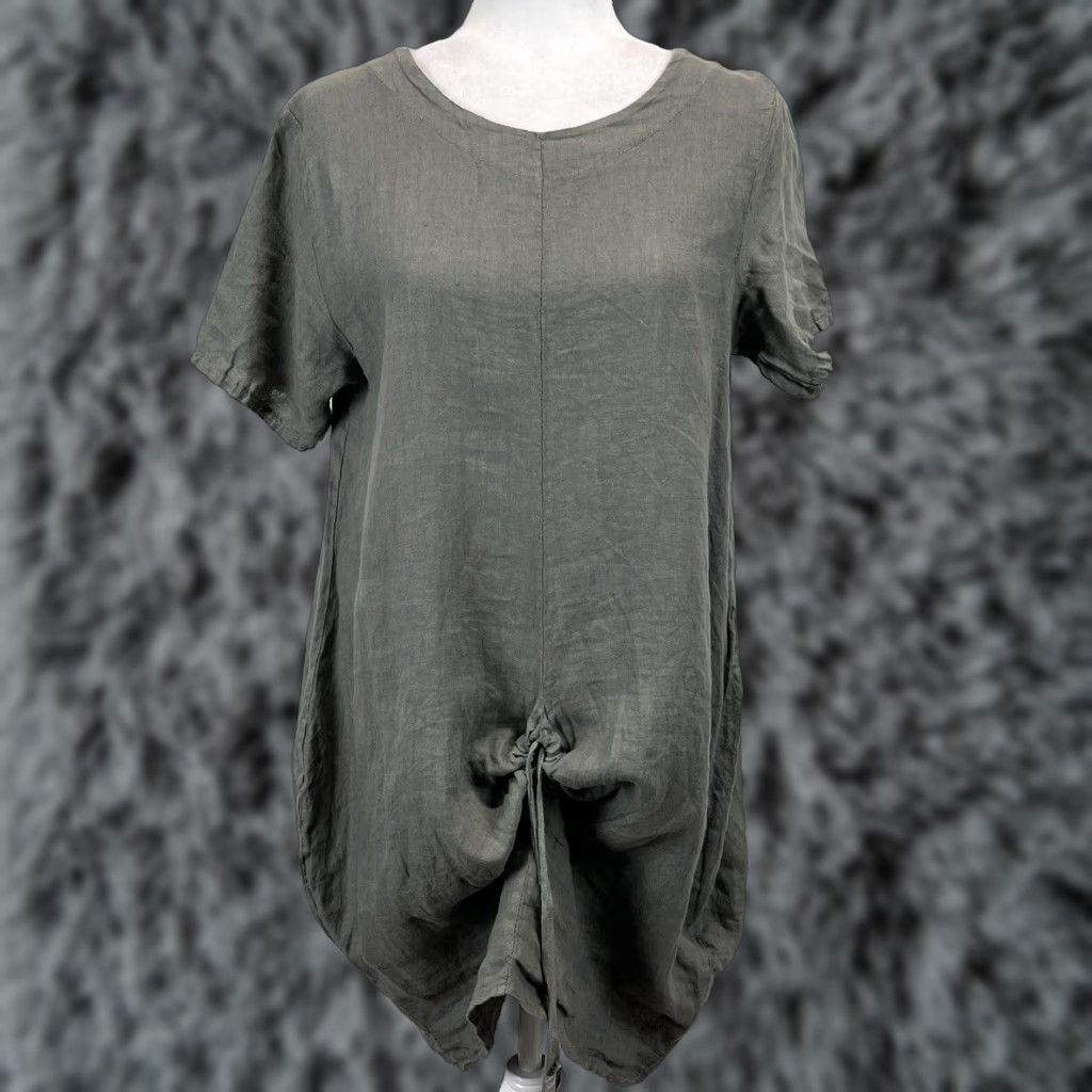 Vintage VINTAGE Unbranded Linen Tunic Shirt Dress M Green/Brown Ruched Lagenlook Knee-Length Women Size M / US 6-8 / IT 42-44 - 1 Thumbnail
