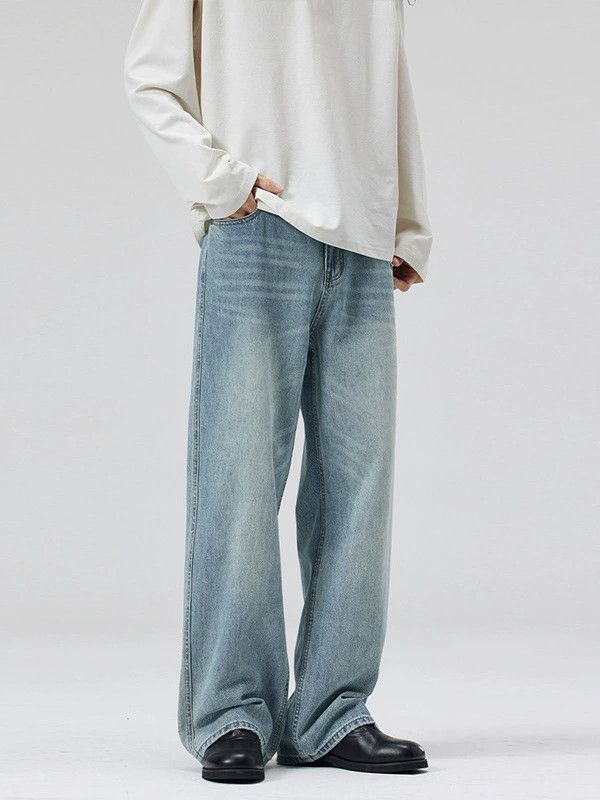 Jean Light blue men's washed high street straight versatile jeans Size US 32 / EU 48 - 2 Thumbnail