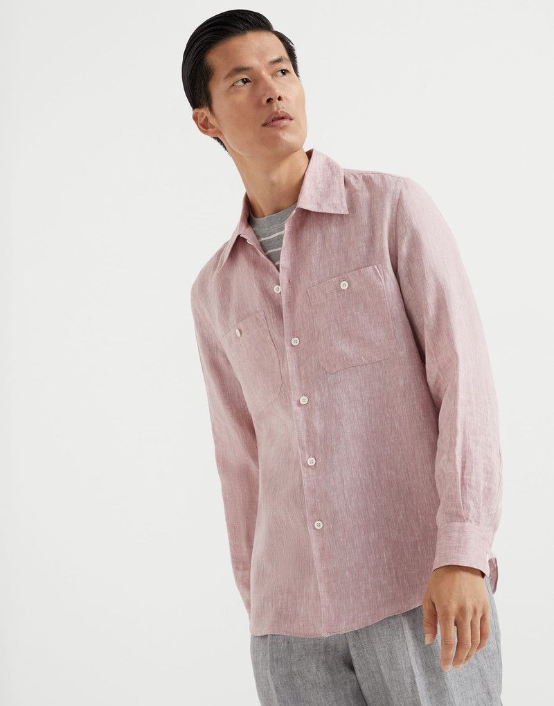 Brunello Cucinelli o1la1rc1a0326 Linen Easy Fit Shirt With Chest Pockets Pink Size US XL / EU 56 / 4 - 1 Thumbnail