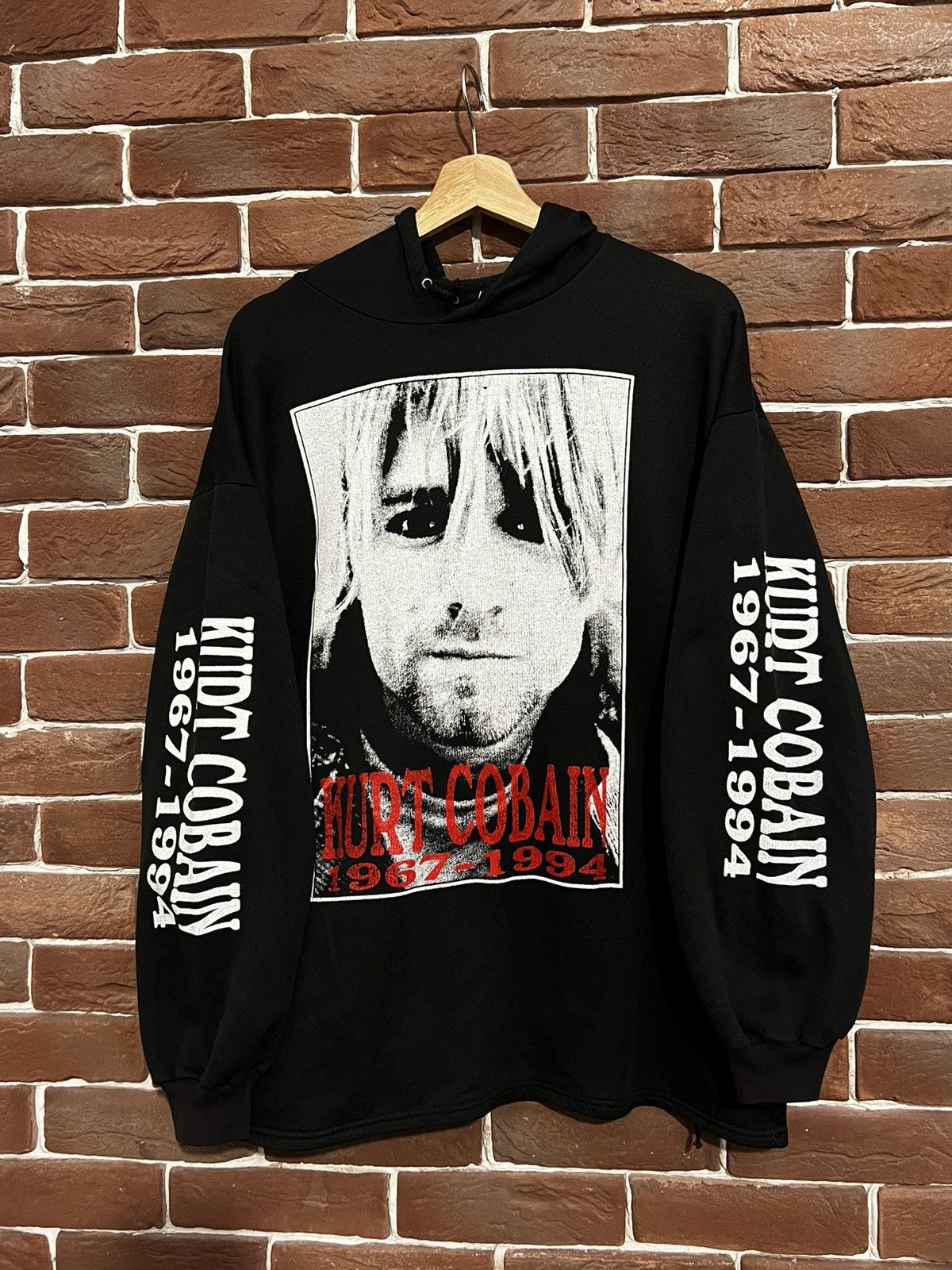 image of Band Tees x Kurt Cobain Vintage Kurt Cobain Nirvana Hoodie Grunge Band Hype 90's in Black (Size XL)