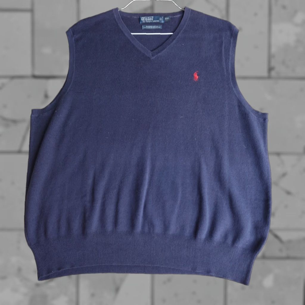 Polo Ralph Lauren Polo Ralph Lauren Sweater Vest 2XL Blue Solid V-Neck 100% Cotton Mens Vest Knit Sleeveless Polo Ralph Lauren Size US XXL / EU 58 / 5 - 1 Thumbnail