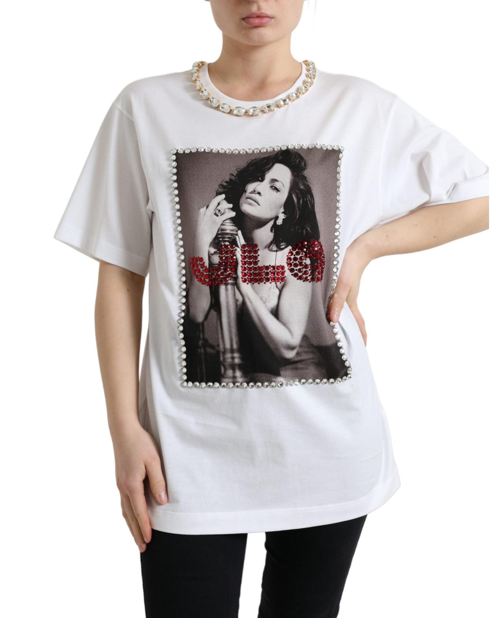 image of Dolce Gabbana Crystal Embellished Printed Tee in White, Women's (Size XS)