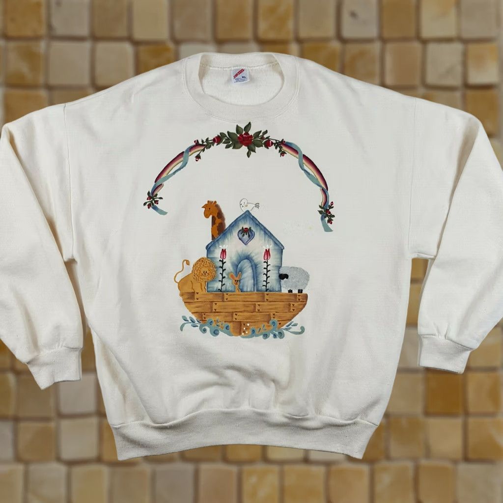 Jerzees VINTAGE Jerzees Noah's Ark Crewneck Sweatshirt XL Men White 80s 90s Retro Jesus Christmas Holiday Size US XL / EU 56 / 4 - 1 Thumbnail