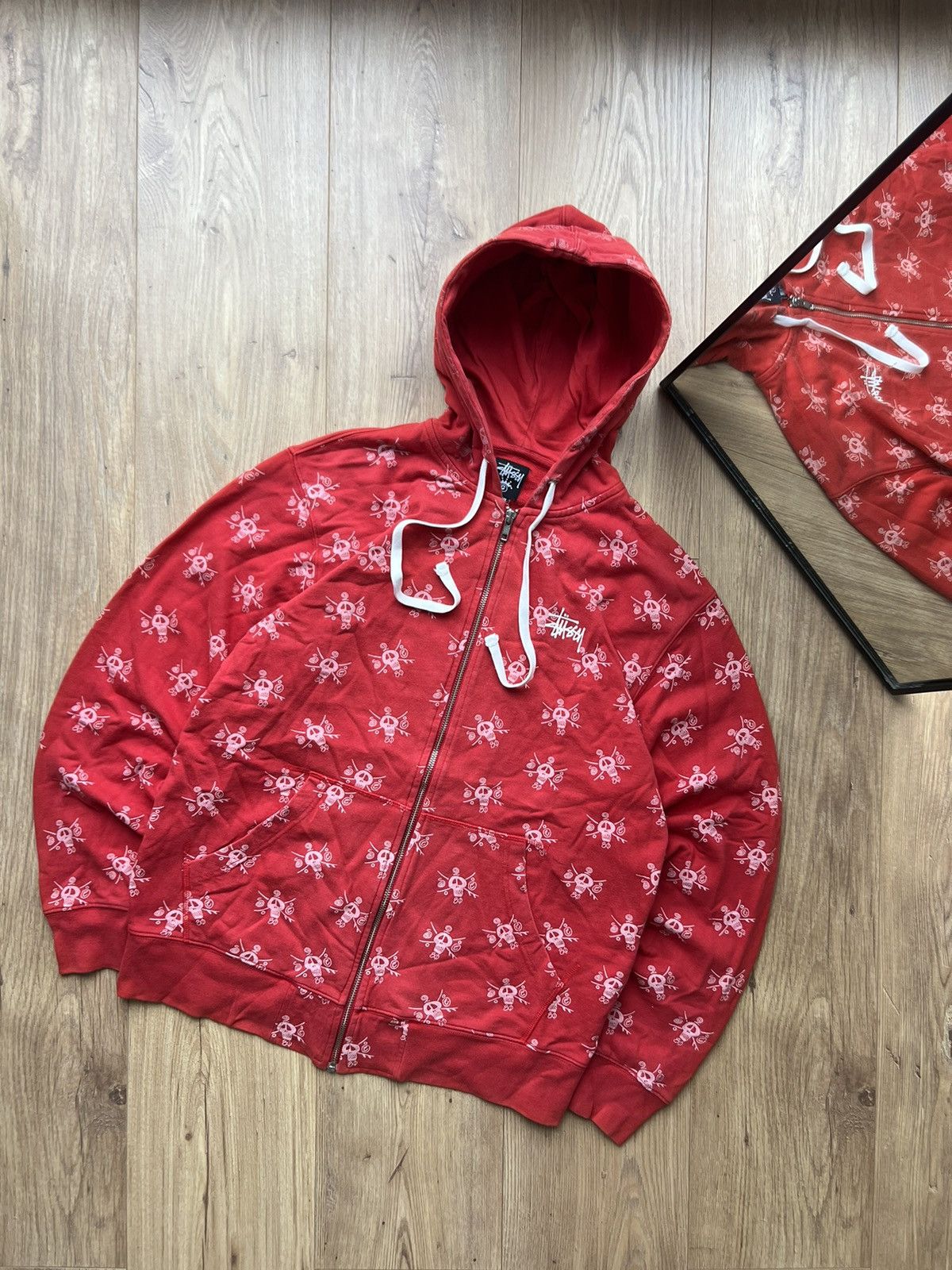 00’s STUSSY VINTAGE ZIP HOODIE MONOGRAM SKATE SKULL Y2K