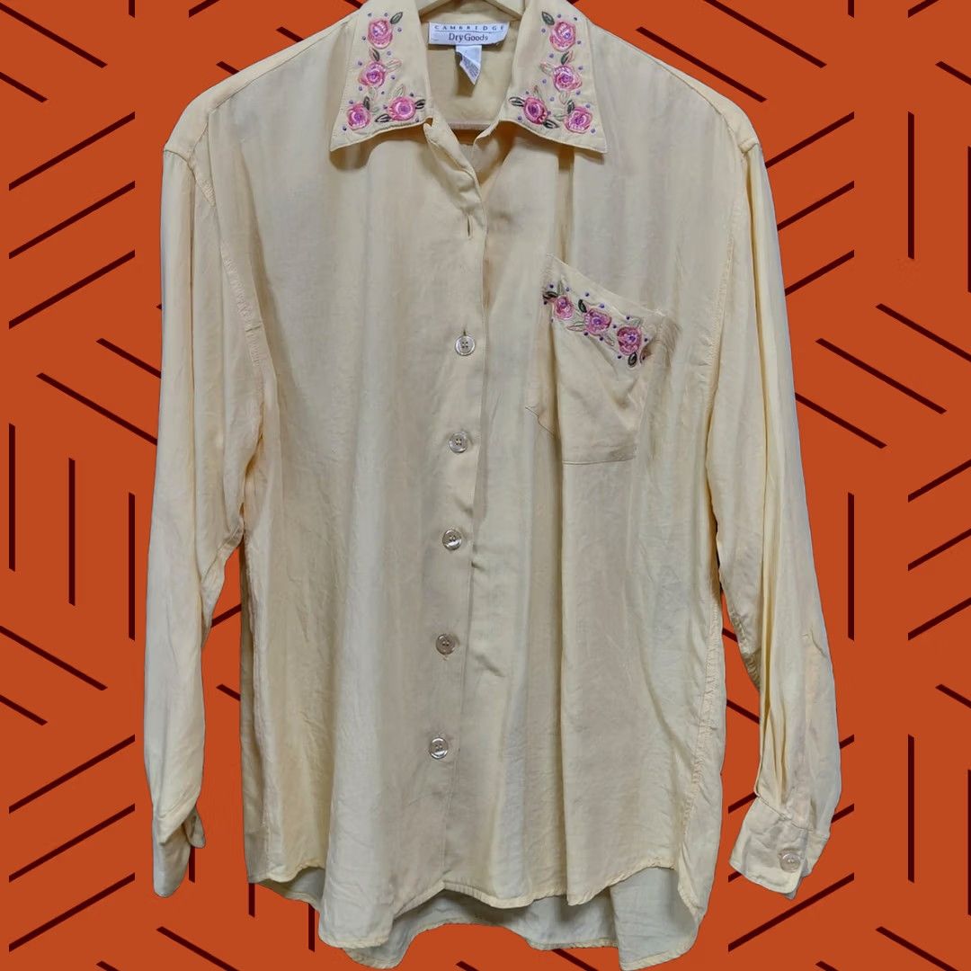 Vintage Cambridge Dry Goods Embroidered Rayon Shirt Beige Solid Long Sleeve Women Size 4 Size S / US 4 / IT 40 - 1 Thumbnail