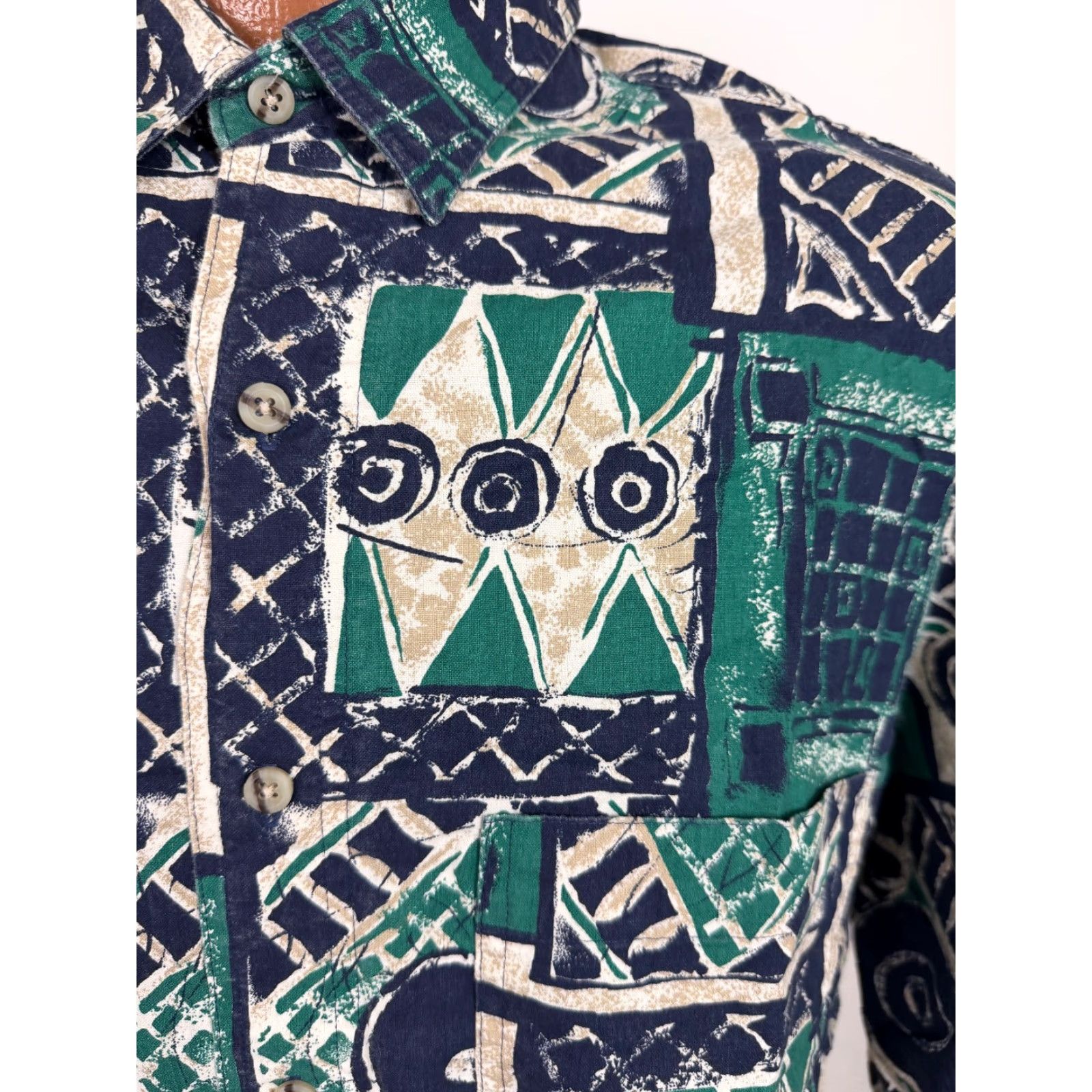 Vintage VINTAGE Impact Geometric Shirt Men XL Slim Green Cotton Button-Up 80s 90s Tribal Short Sleeve Size US XL / EU 56 / 4 - 5 Thumbnail