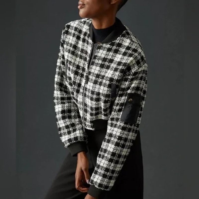 Anthropologie Anthropologie Maeve B/W Plaid Cropped Tweed Bomber Jacket Size L / US 10 / IT 46 - 11 Thumbnail