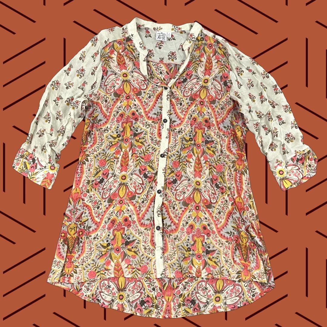 Vintage Parsley & Sage Floral Tunic Shirt Women’s Large Red V-Neck Button-Up Sheer Rayon Casual 3/4 Sleeve Size L / US 10 / IT 46 - 1 Thumbnail