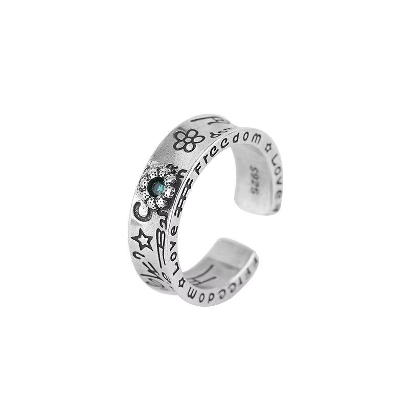 Jewelry Green Zircon Flower Graffiti Cuff Rings Size ONE SIZE - 6 Thumbnail