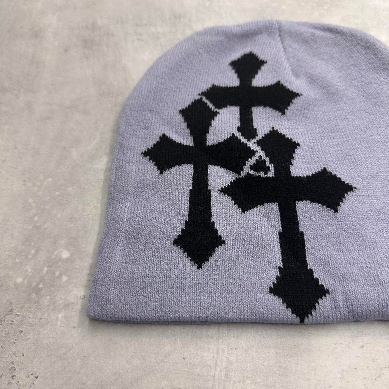 Vintage Grey and Black Crosses Acrylic Graphic Beanie Hat Size ONE SIZE - 2 Thumbnail