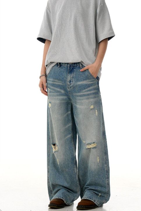 Vintage American retro washed men's casual straight ripped jeans Size US 32 / EU 48 - 3 Thumbnail