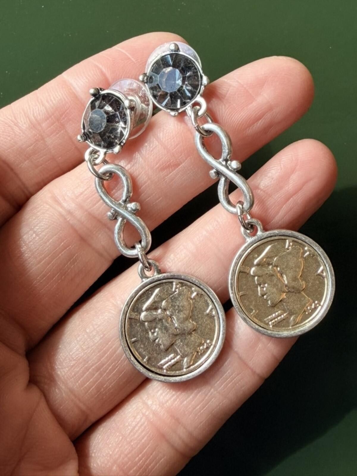 Other Y2K Mercury Dime Coin Drop Earrings Purple Rhinestone Size ONE SIZE - 4 Thumbnail