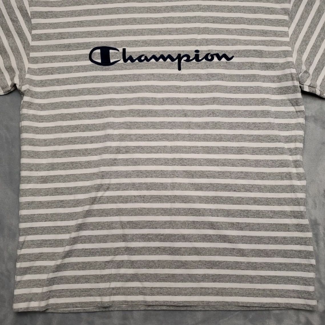 Champion VINTAGE Champion Shirt Mens Medium Gray Striped Embroidered Spellout Cotton Crewneck TEE Size US M / EU 48-50 / 2 - 2 Thumbnail
