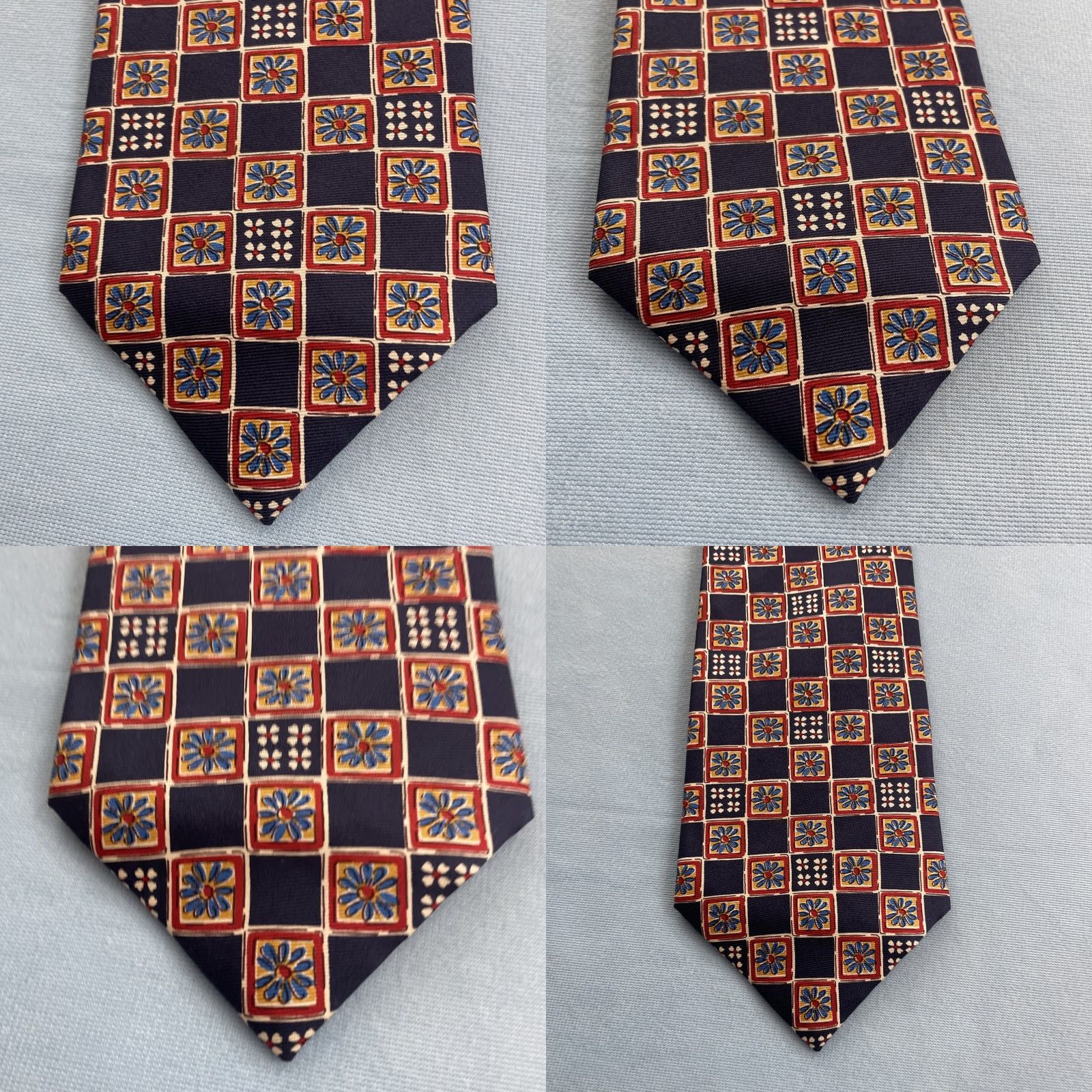 Vintage VINTAGE Frederick Theak Silk Tie England Navy Red Orange Macclesfield Neat Floral 3.7x57 Micro Print Foulard Business Wedding Church Neck Tie Mens Size ONE SIZE - 9 Thumbnail