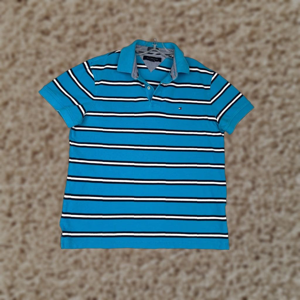 Tommy Hilfiger Tommy Hilfiger Shirt Men Large Blue White Stripe Cotton Custom Fit Polo Golf Mens Size US L / EU 52-54 / 3 - 1 Thumbnail