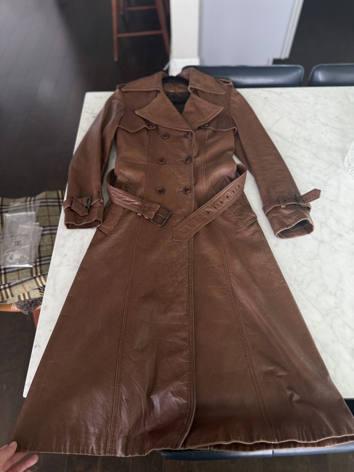 Other 80s Brown Leather Trench Coat Full Belt Wrist Buckles Size S / US 4 / IT 40 - 12 Thumbnail