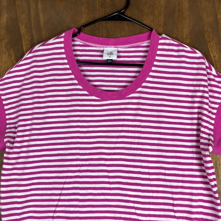 Vintage CAbi Shirt Pink White Striped Scoop Neck 100% Cotton Short Sleeve M Women Casual Workwear Modern Classic T-Shirt Size M / US 6-8 / IT 42-44 - 2 Thumbnail