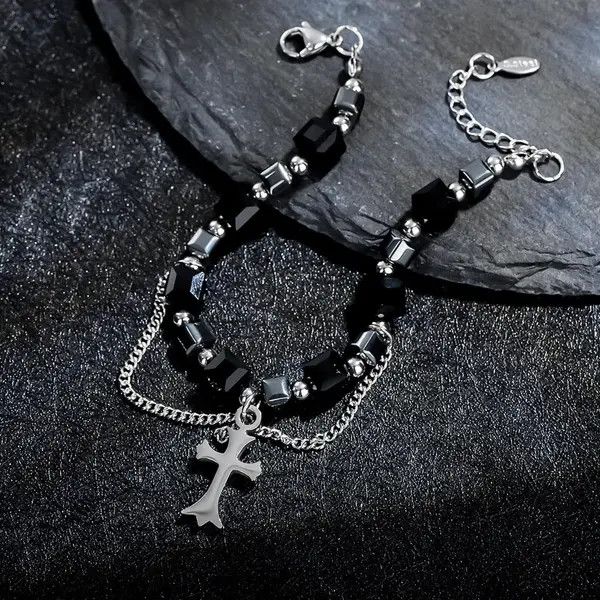 Jewelry Black Beaded Cross Charm Men's Bracelet Size ONE SIZE - 4 Thumbnail