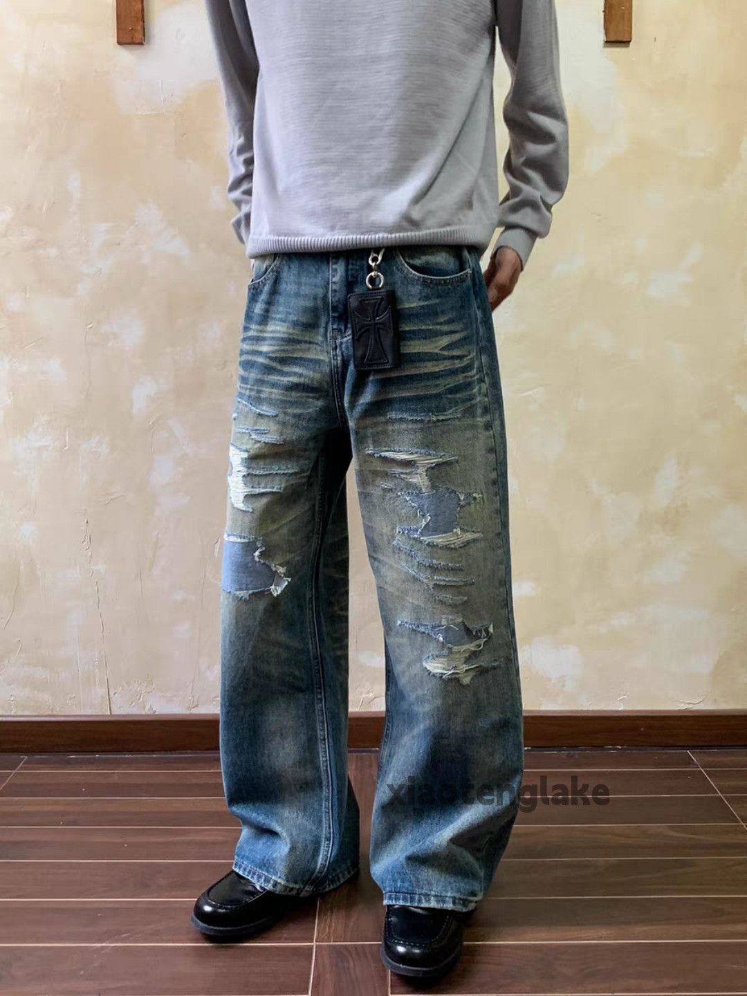 Jean xtl washed faded wide Leg ripped damaged hiphop jeans Size US 32 / EU 48 - 7 Thumbnail
