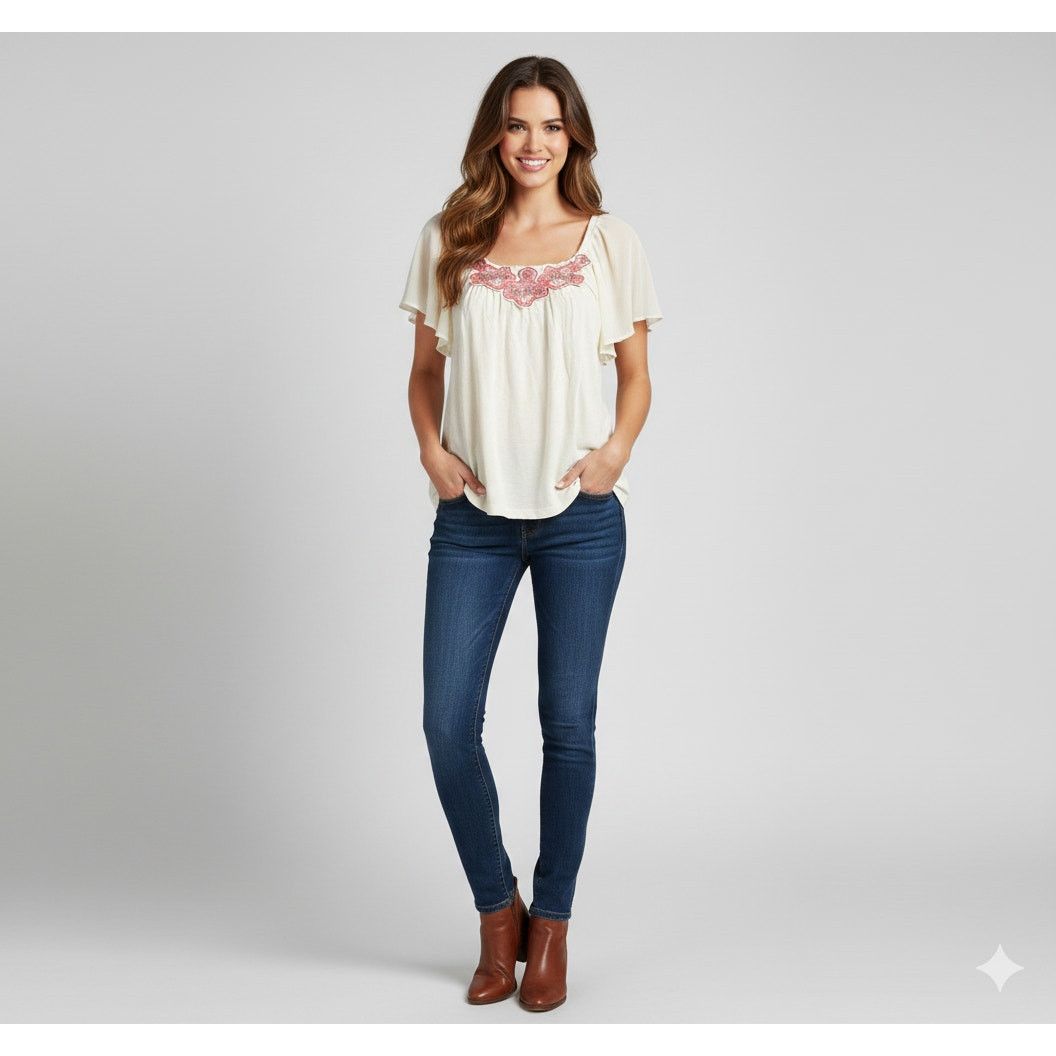 Anthropologie Anthropologie Deletta Cream Beaded Ruffle Sleeve Blouse L Size L / US 10 / IT 46 - 1 Thumbnail
