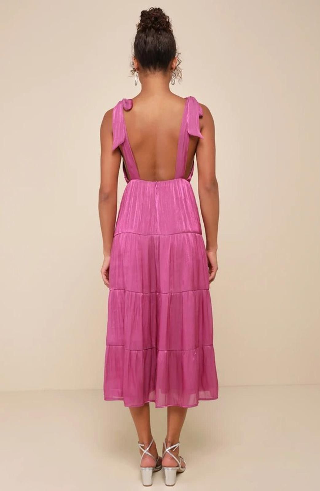 Lulus Exemplary Shine Magenta Tie-Strap Tiered Midi Dress - NWT Size S / US 4 / IT 40 - 3 Thumbnail