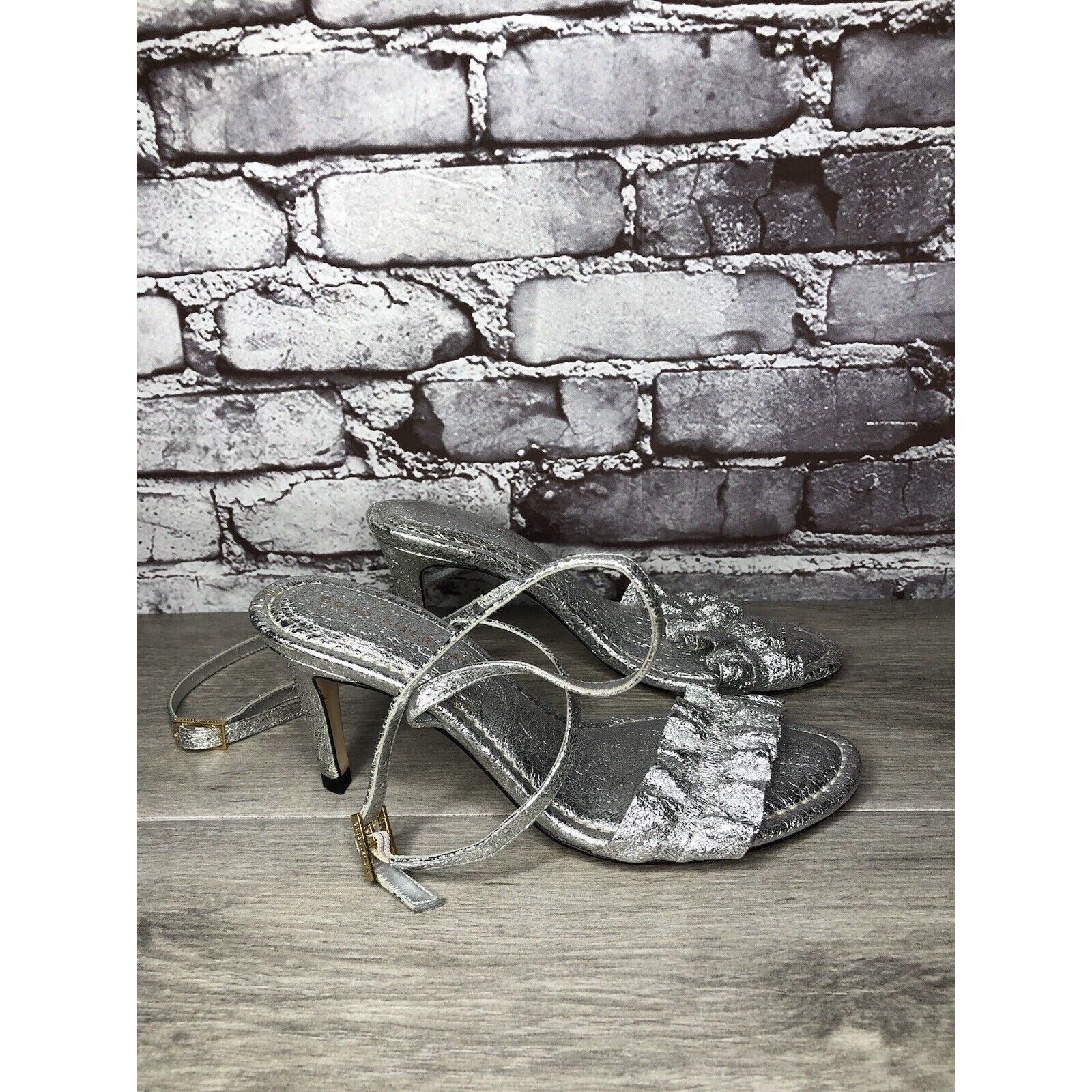 Other GOOD AMERICAN Metallic Silver Leather Strap Heeled Sandals W Size US 7 / IT 37 - 19 Thumbnail