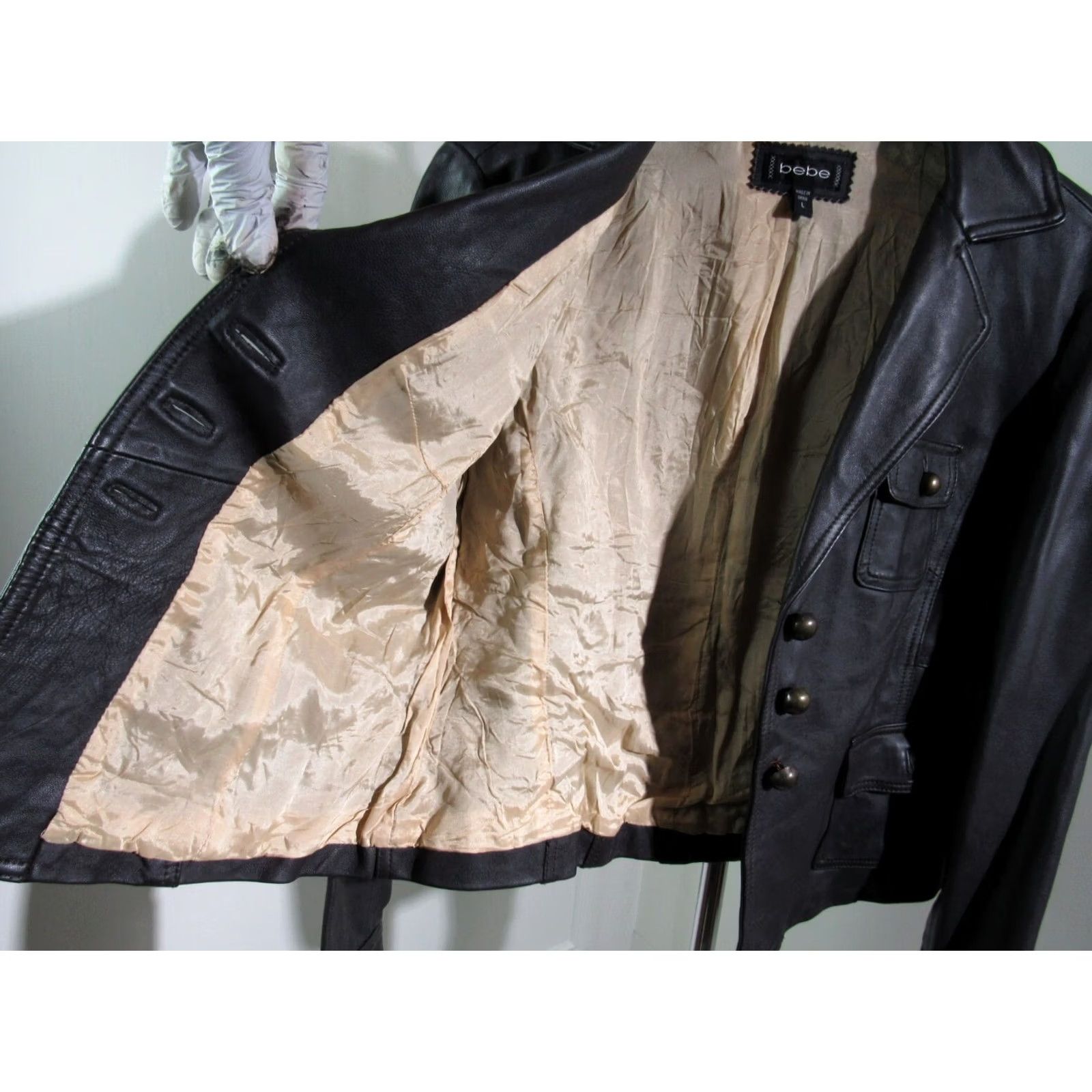 Bebe Bebe Women's Brown Leather Jacket Large Rock Punk | Pre-Owned, Pockets, Button Closure, Short Jacket, Regular Size, Fall/Spring/Summer/Winter | Women Size L / US 10 / IT 46 - 5 Thumbnail