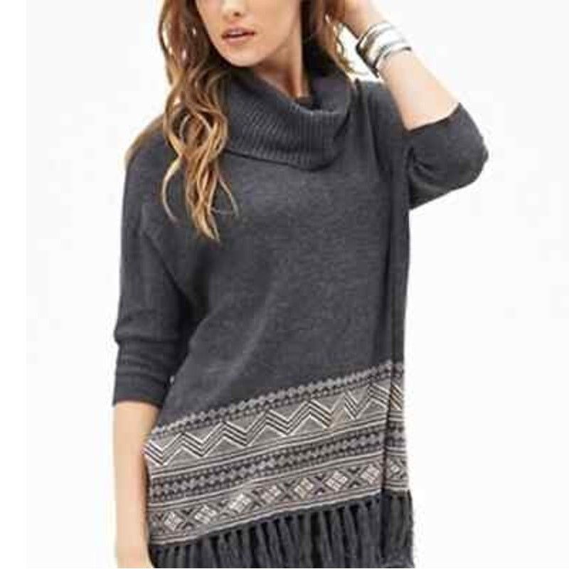 Forever 21 Forever 21 Grey Fringed Tasseled Cowl Neck Sweater Size M / US 6-8 / IT 42-44 - 1 Thumbnail