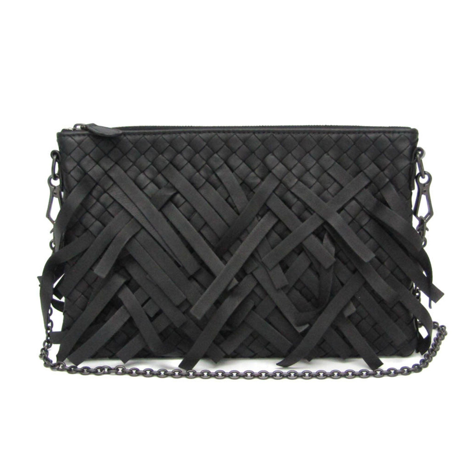 Bottega Veneta Intrecciato Fringed Chain Shoulder Bag Women's Leather Shoulder Bag Black