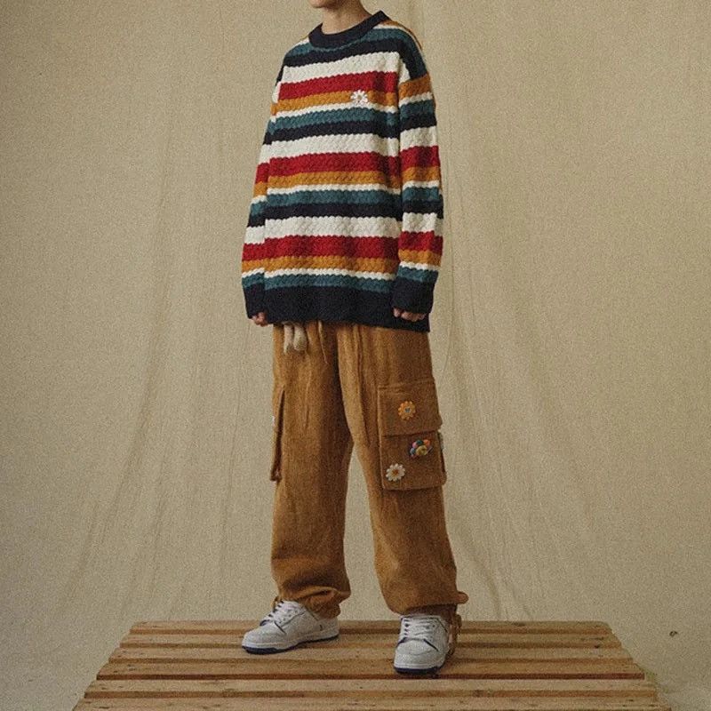 Coloured Vintage Rainbow Daisy Cable Knit Sweater Pullover