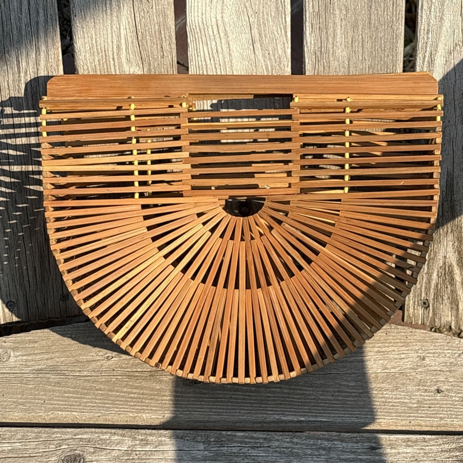 Handmade Bamboo Wood Basket Purse Tiki Hand Bag Half Moon Vtg 80s Nat Size ONE SIZE - 3 Thumbnail