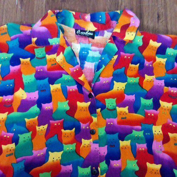 Other Vintage 80s Caribou New York Cat Kitten Rainbow Button Shirt Size L / US 10 / IT 46 - 1 Thumbnail
