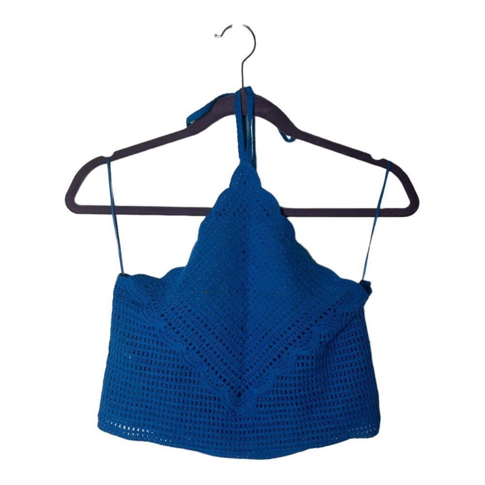 Mango Mango Blue Crochet Halter Crop Top Size S Boho Knit Festival Size S / US 4 / IT 40 - 2 Thumbnail