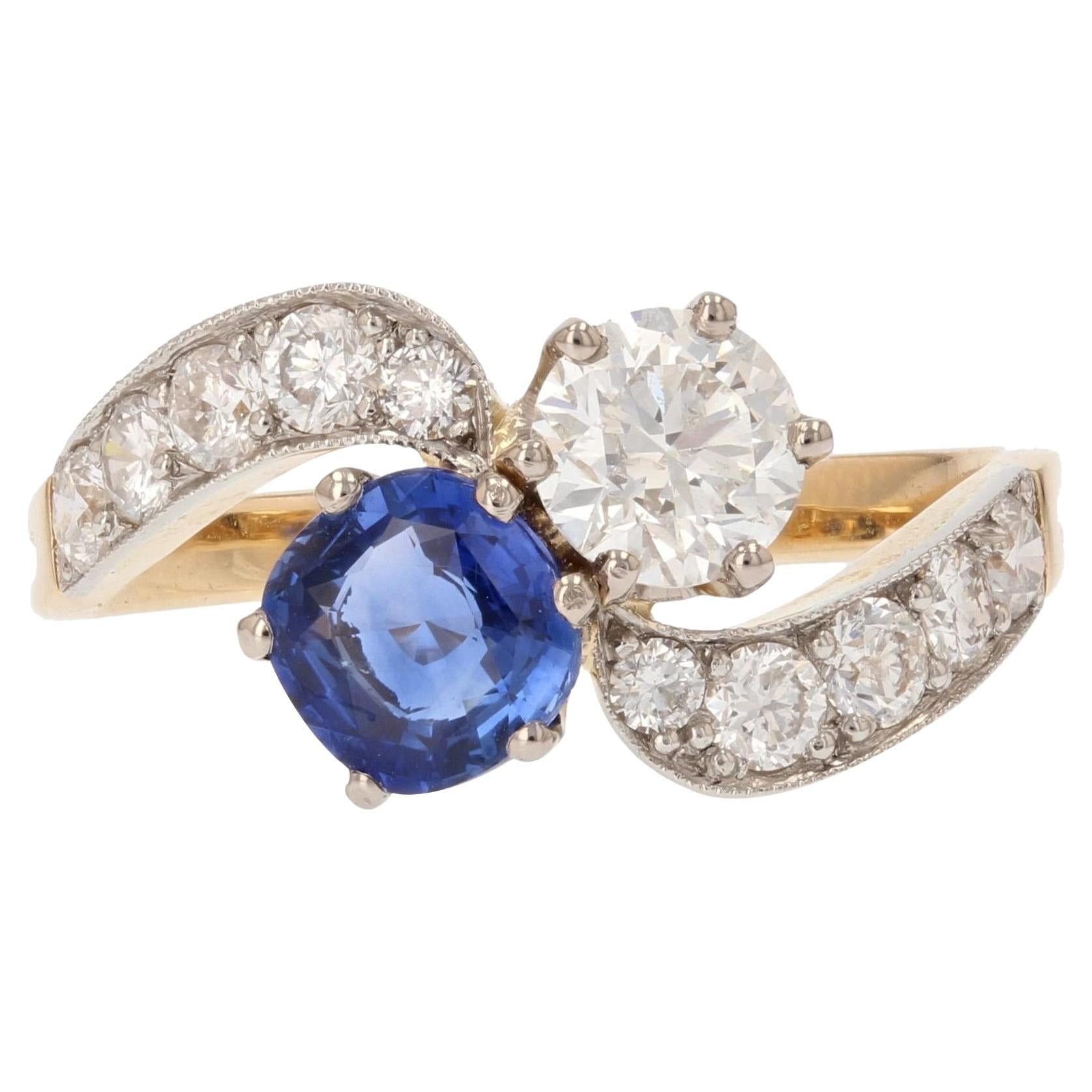 image of Vintage French Modern Blue Sapphire Diamonds 18 Karat Yellow Gold You And Me Ring, Women's