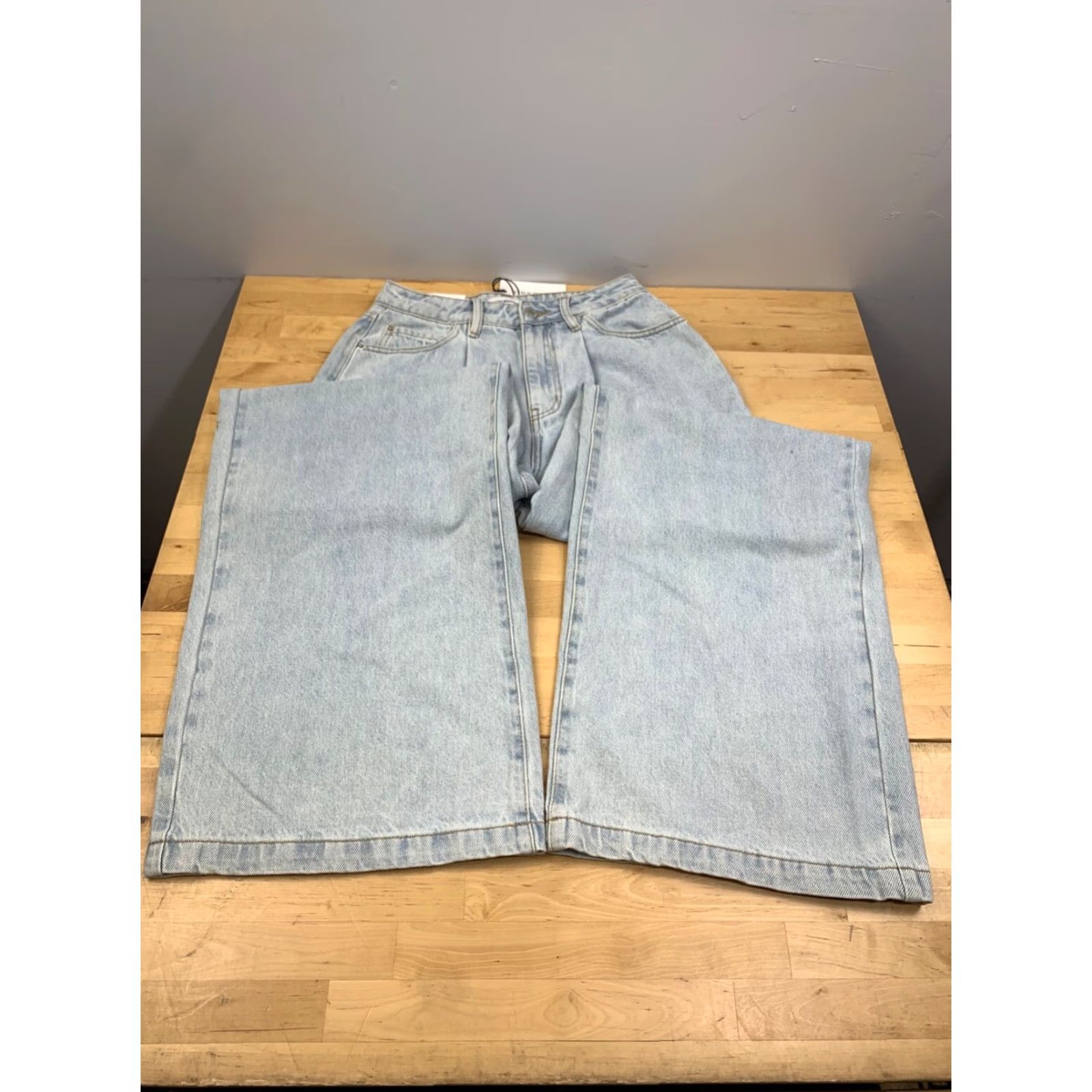 Vintage We Wore What High Rise Pleated Wide Leg Jeans Womens 25 Blue Light Wash Denim 32 Inseam Folded Pocket Bohemian Festival 90s, College, Boho Womens Size 42" / US 20 - 2 Thumbnail