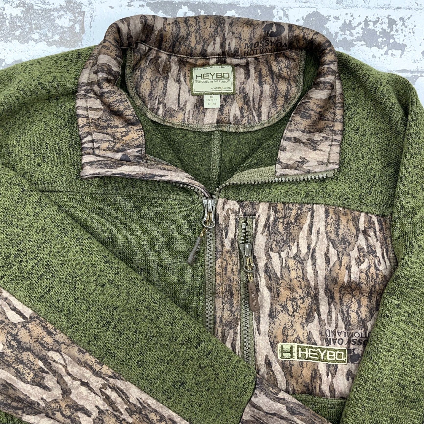 Vintage HeyBo Jacket Women XL Green Mossy Oak Camo Pullover Zip Camouflage Front Pockets Lightweight Fleece Moisture Wicking Seasonal Fall Winter Short? Size XL / US 12-14 / IT 48-50 - 3 Thumbnail