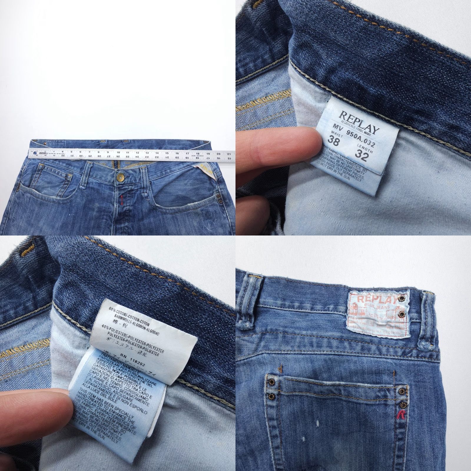 Replay VINTAGE Replay Jeans 38x29 90s Straight Button Fly Denim Blue Mens Regular 5-Pocket Distressed Rock Street Distressed Size US 38 / EU 54 - 9 Thumbnail