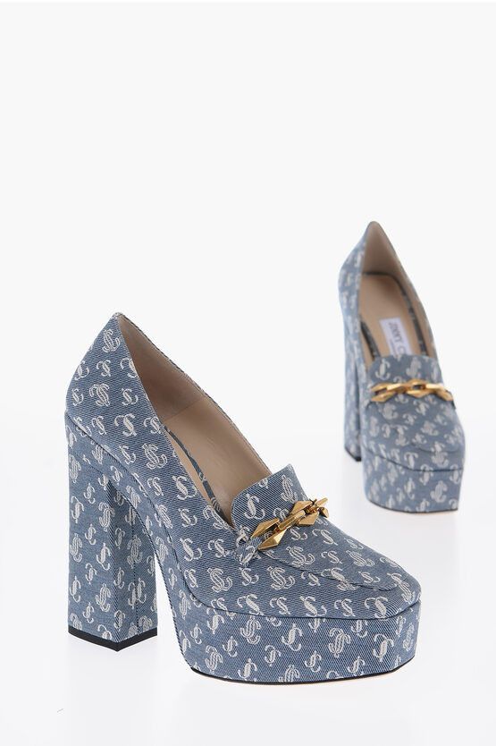 image of Jimmy Choo Denim Diamond Tilda Pumps With All-Over Monogram And Golden Shoes in Blue, Women's (Size