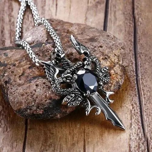 Jewelry Double Dragon Sword Pendant Necklace Size ONE SIZE - 4 Thumbnail