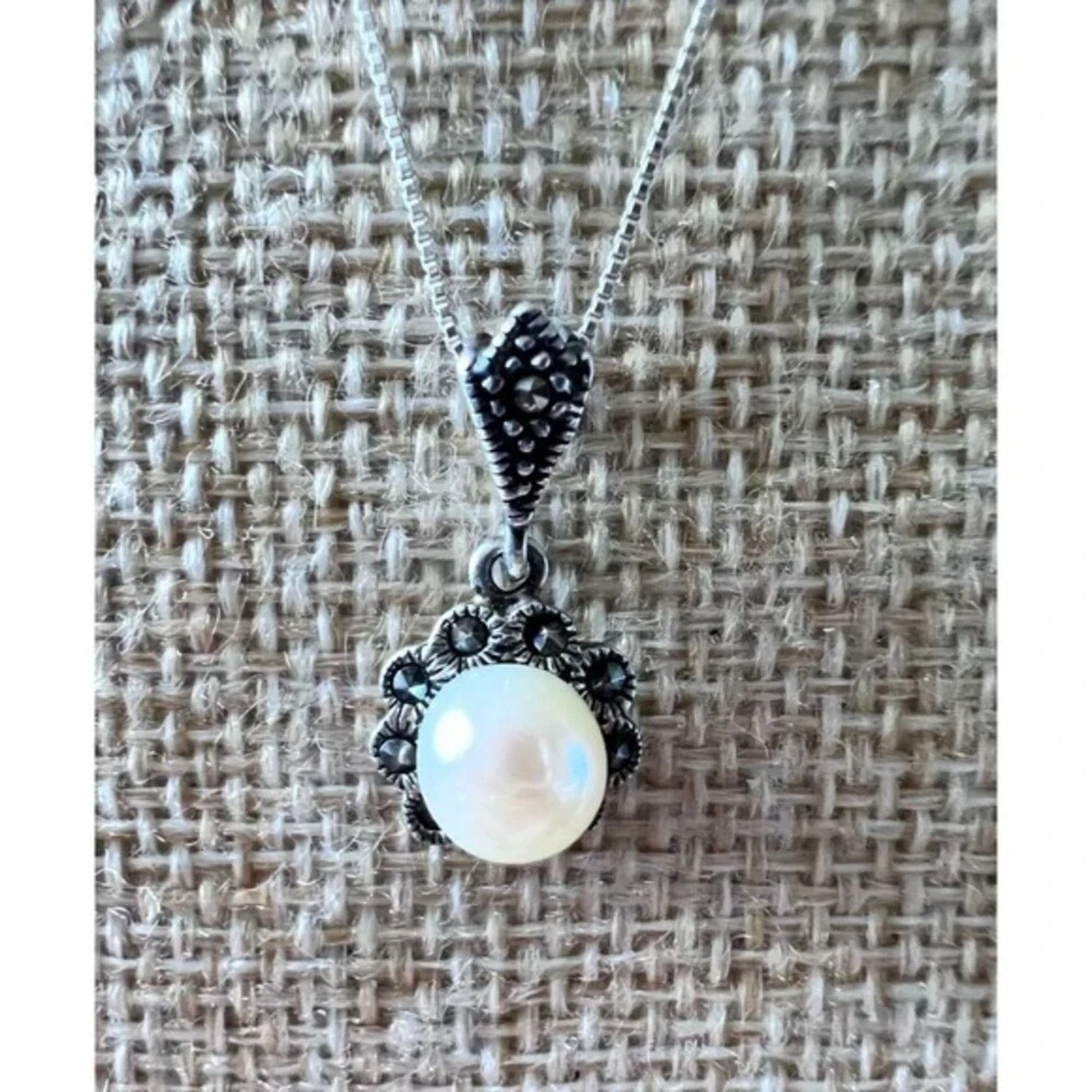 Other 925 Sterling Silver Real Pearl & Marcasites Necklace 18” Size ONE SIZE - 9 Thumbnail