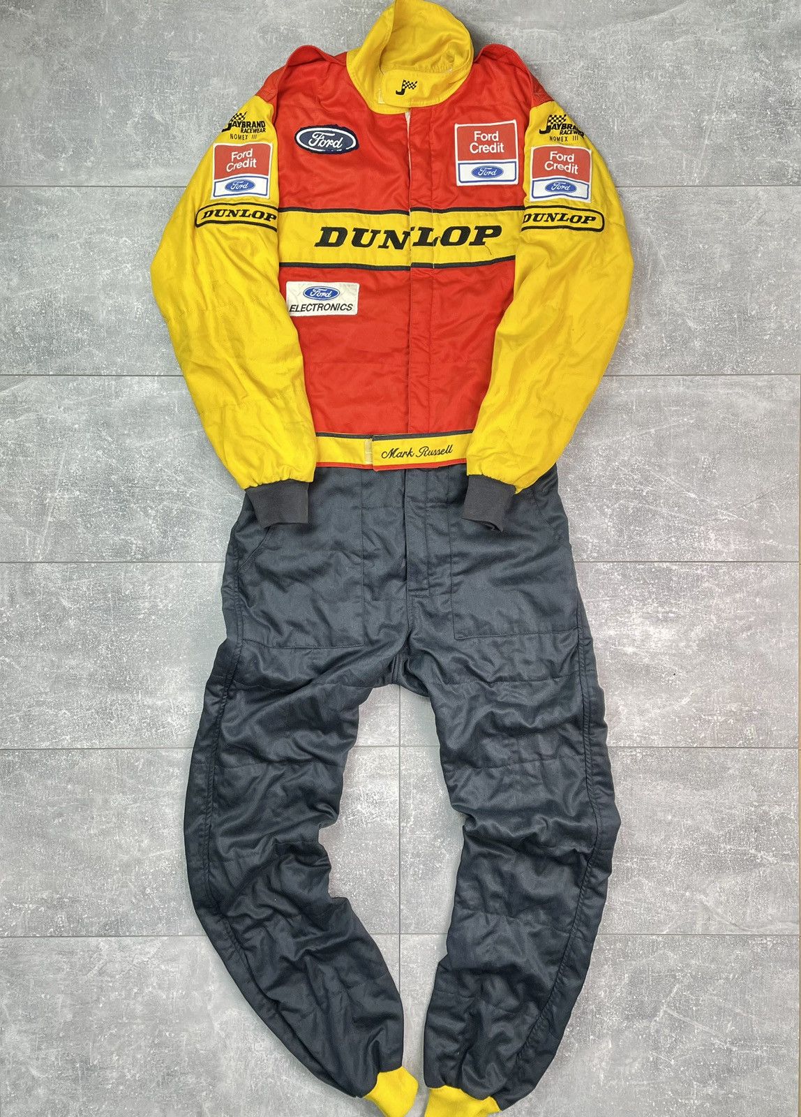 image of Vintage 1986 Ford Dunlop Racing Spidi Suit Costume in Red/Yellow, Men's (Size Medium)