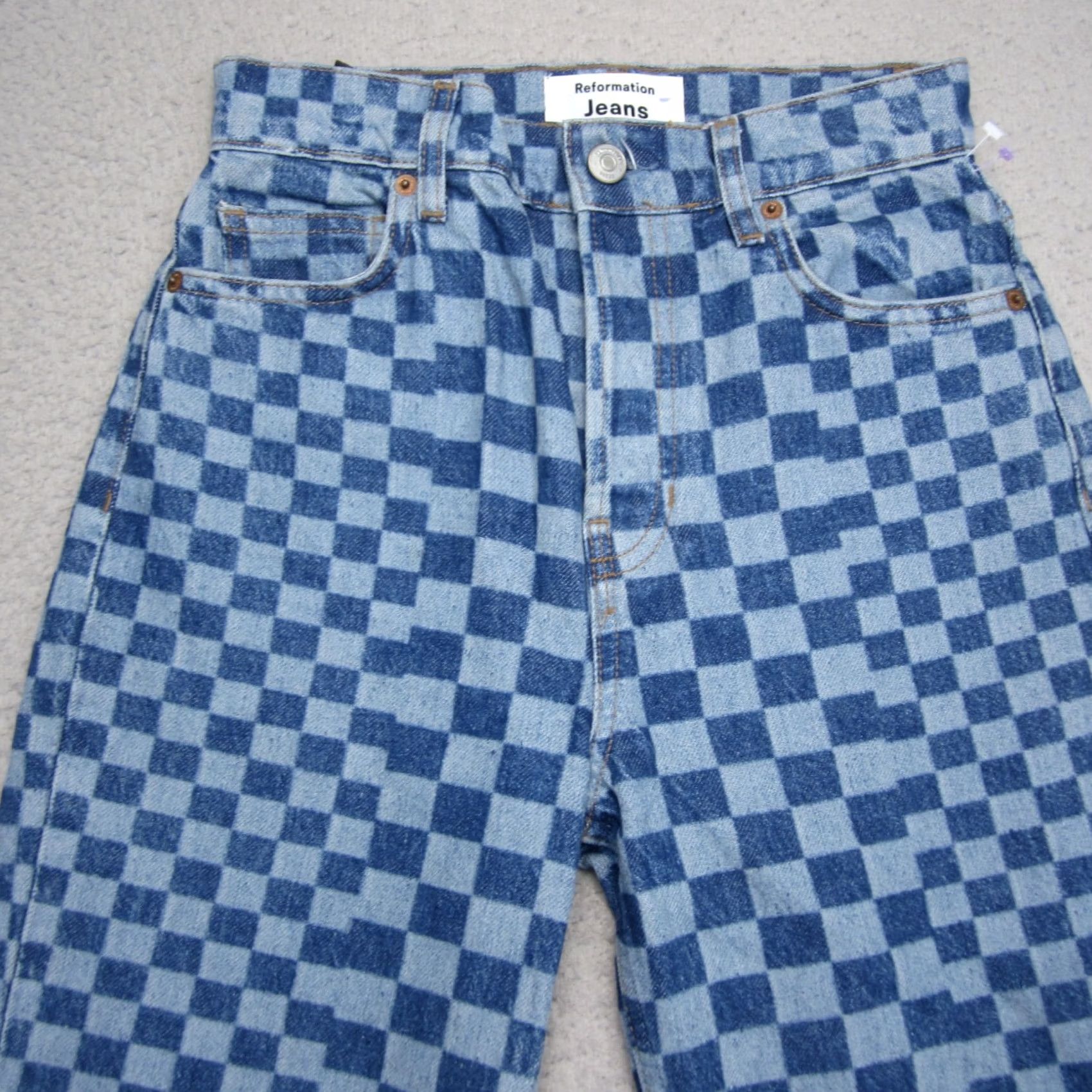 Reformation Reformation Jeans Womens 24 Blue Checkerboard High Rise Straight Denim Size 42" / US 20 - 2 Thumbnail