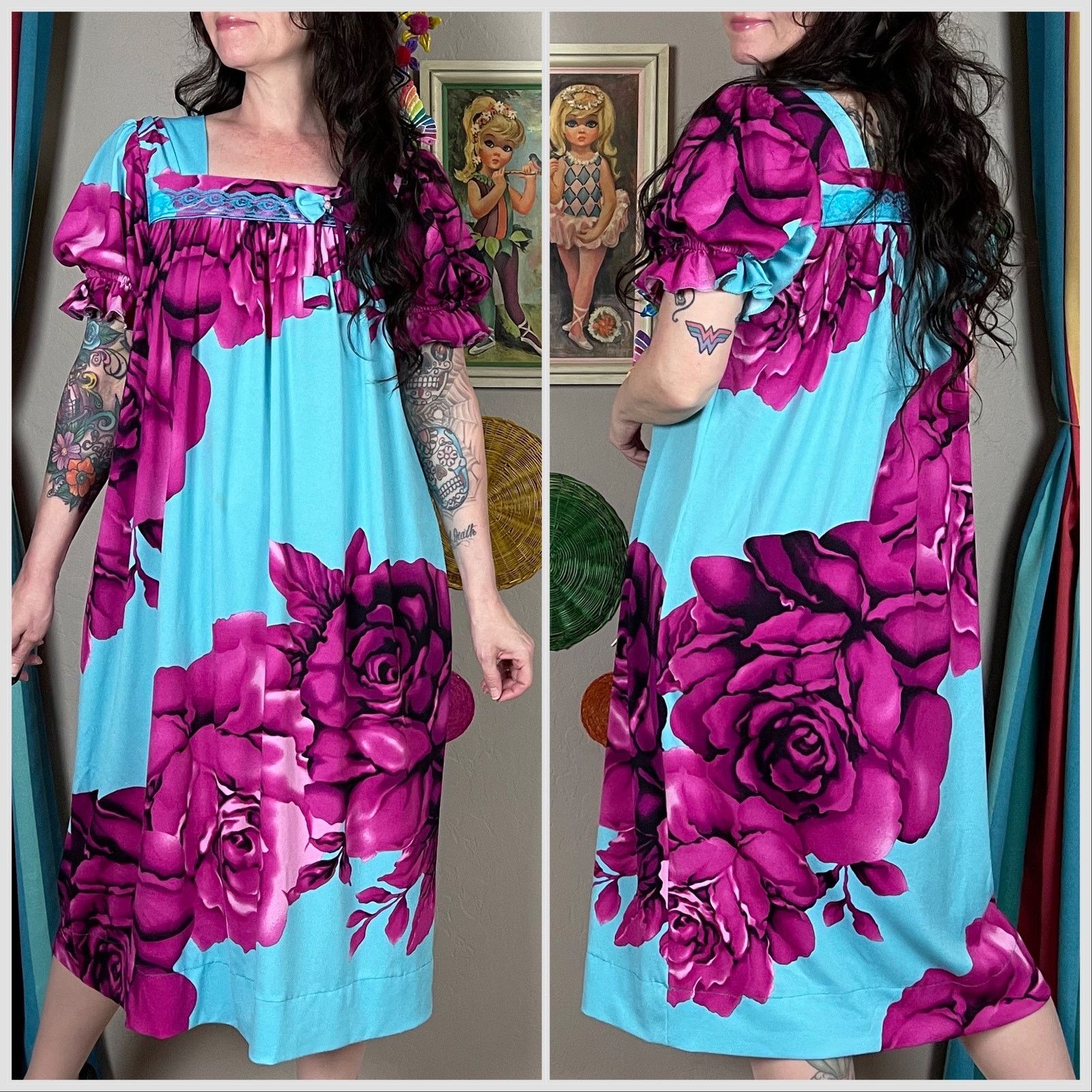 Handmade × Vintage 70s Blue Floral Print Short Puffy Sleeve House Dress Muumuu Size M / US 6-8 / IT 42-44 - 3 Thumbnail