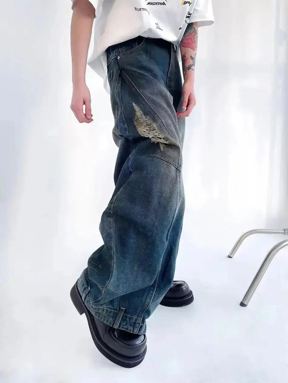 Japanese Brand Streetwear Ripped Distressed Hip Hop Wide Leg Jeans Pants Size US 30 / EU 46 - 6 Thumbnail