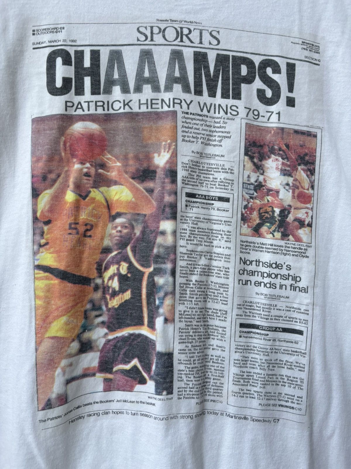 NBA Vintage Patrick Henry 'Newspaper' T-shirt ©️1992 Size US XL / EU 56 / 4 - 2 Thumbnail