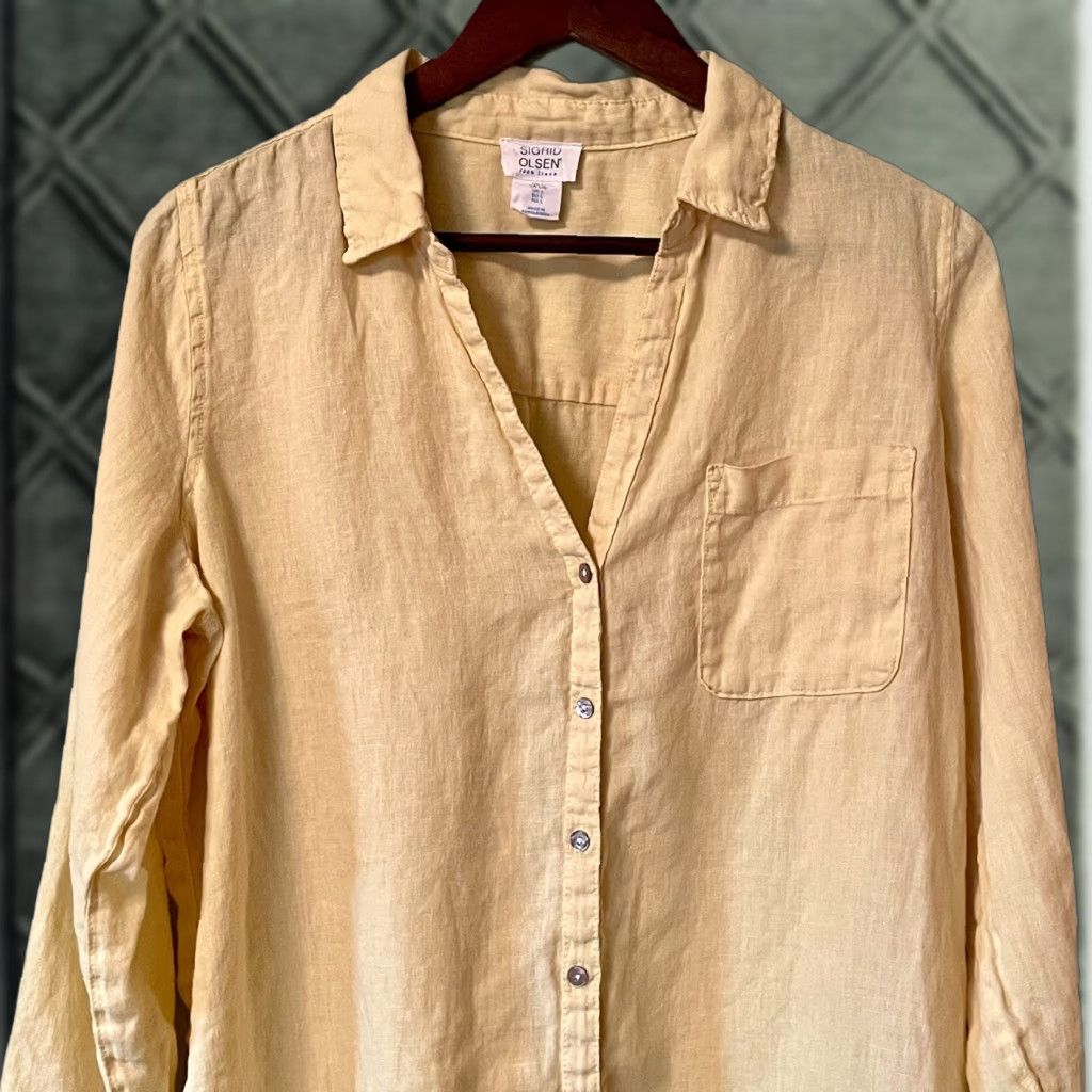Vintage Sigrid Olsen Blouse Large 100% Linen Button Down Yellow Coastal Casual Lagenlook Shirt Womens L Yellow Coastal Cottage Travel Workwear Size L / US 10 / IT 46 - 1 Thumbnail