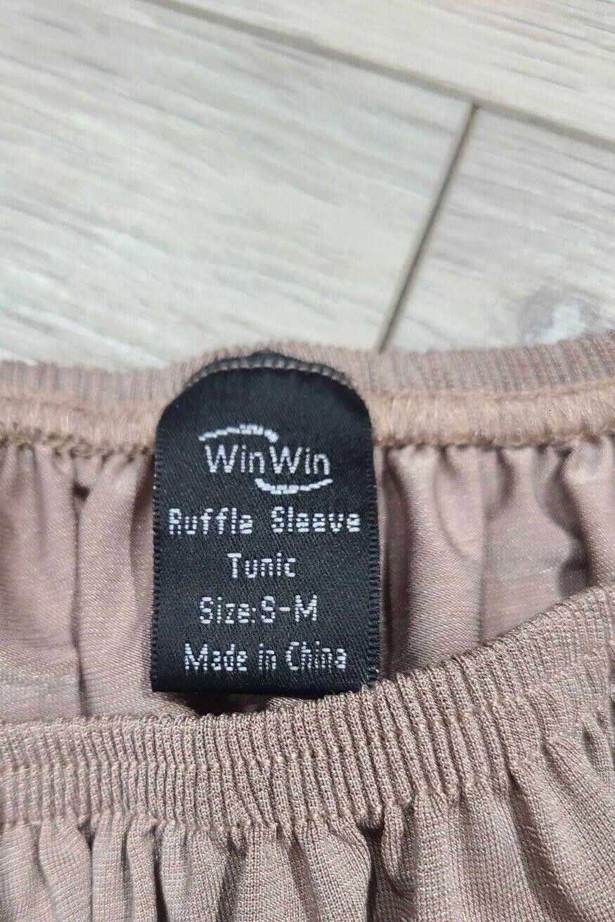 Designer Win Win Tunic Top Brown Beige Ruffle Bell Sleeve small Size M / US 6-8 / IT 42-44 - 2 Thumbnail